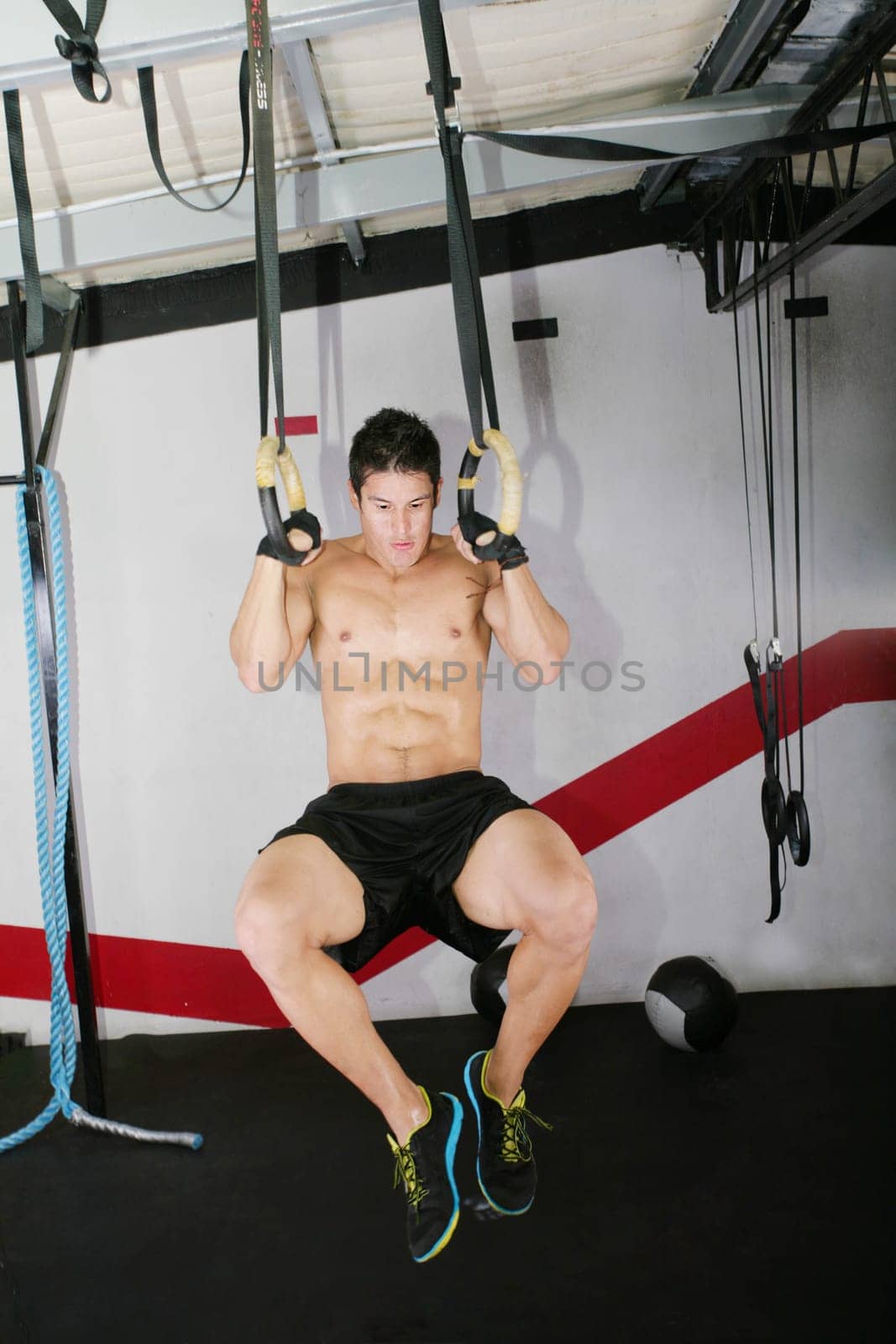 Ring dip crossfit exercise.