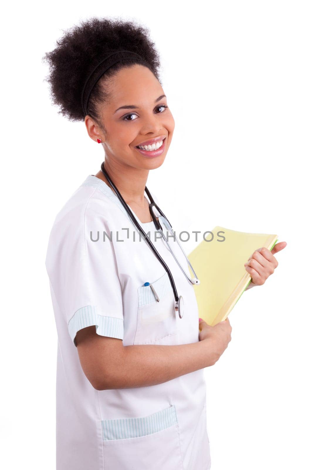 Young african american doctor with a stethoscope, isolated on white background