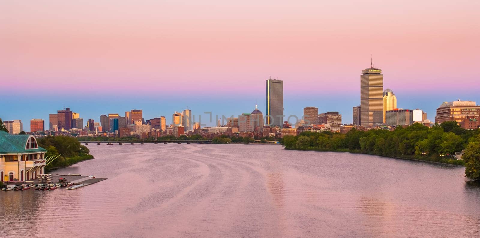 View of Boston, Cambridge, Harvard Boathouse, Charles River
