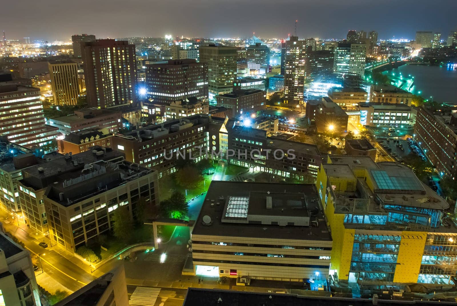 Aerial view of Cambridge, Massachusetts at night