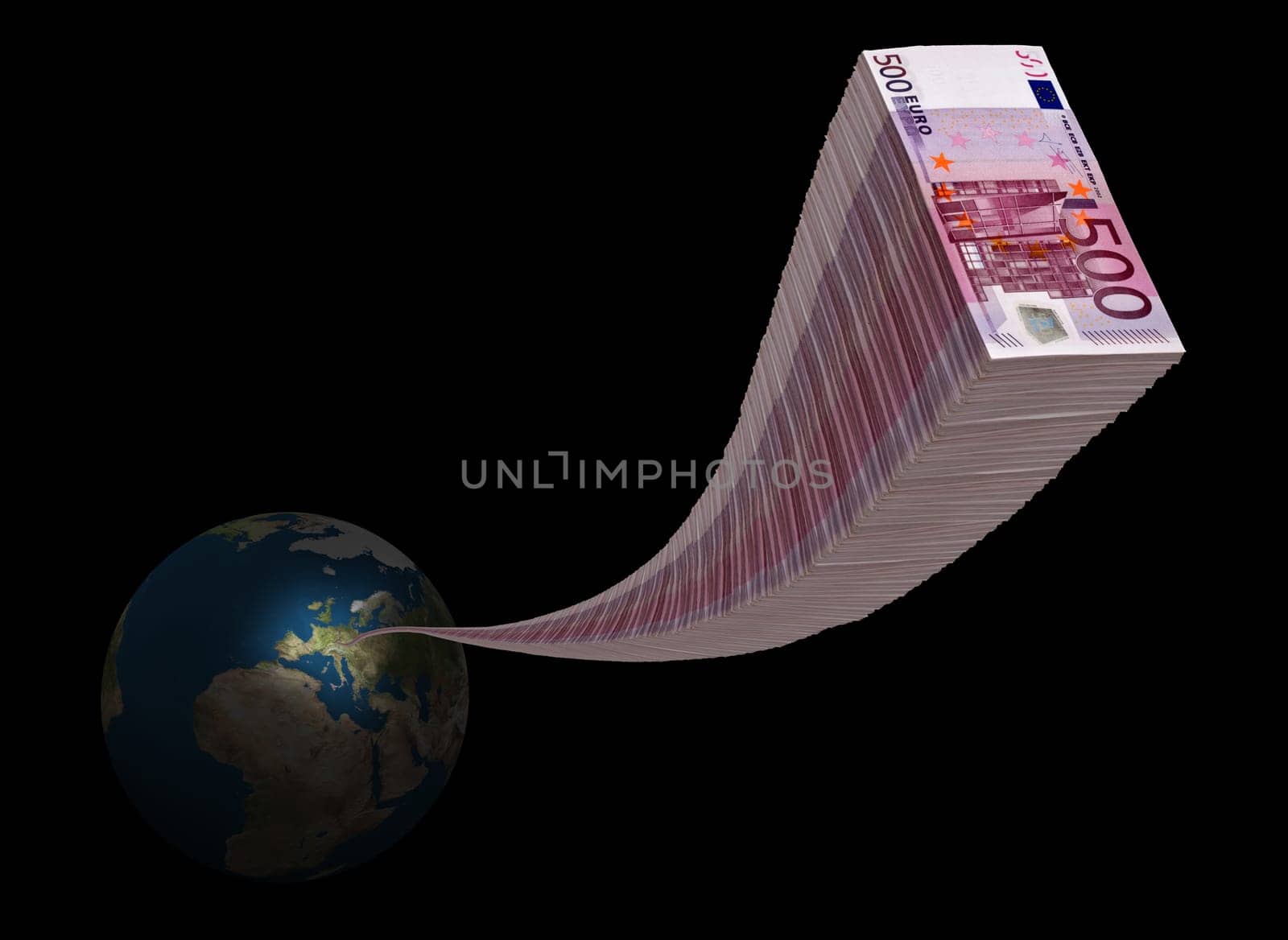 Stack of five hundred euro arriving in space