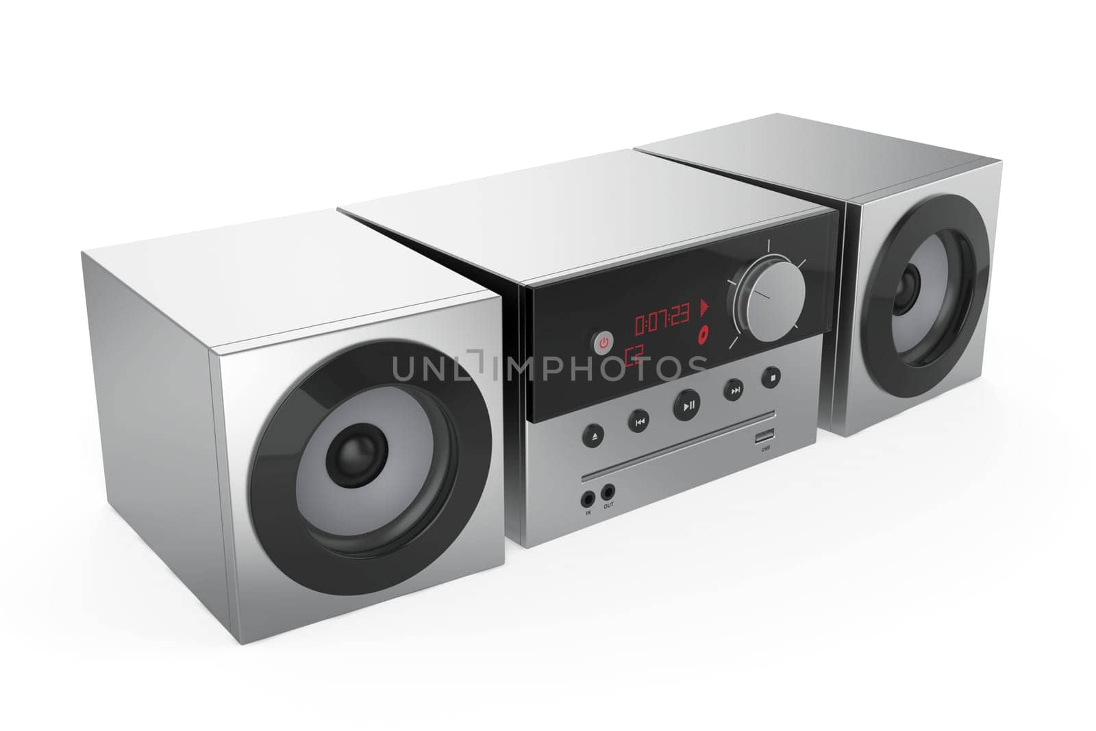 Stereo audio system on white background