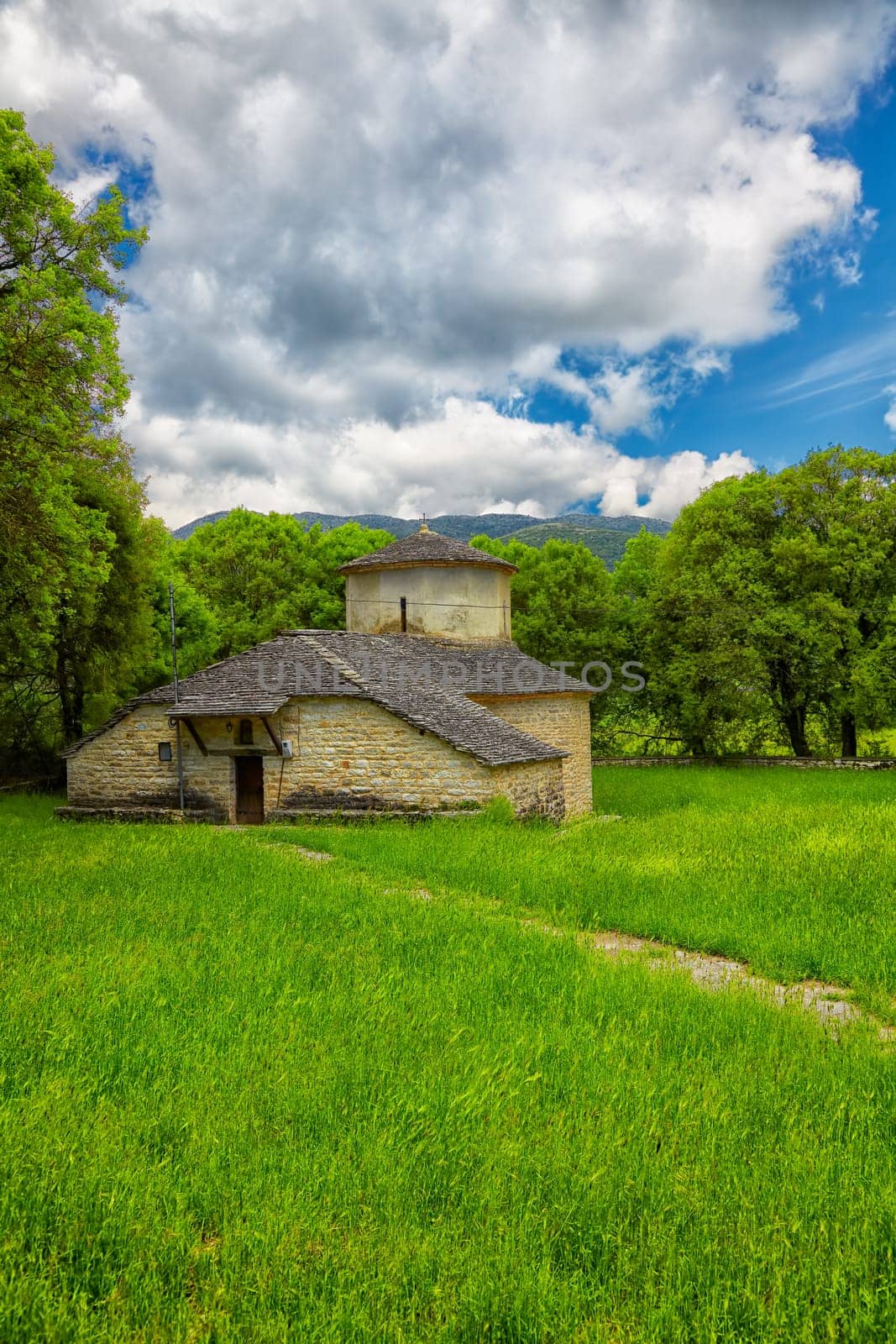 Stone church in Zagori area of Greece in summer.