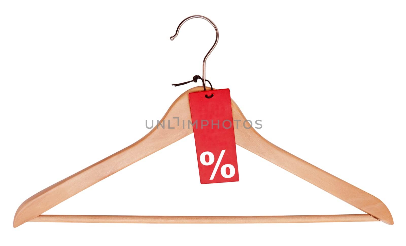 Red Tag With Percentage Symbol Hanging on Wooden Hanger - With Clipping Path