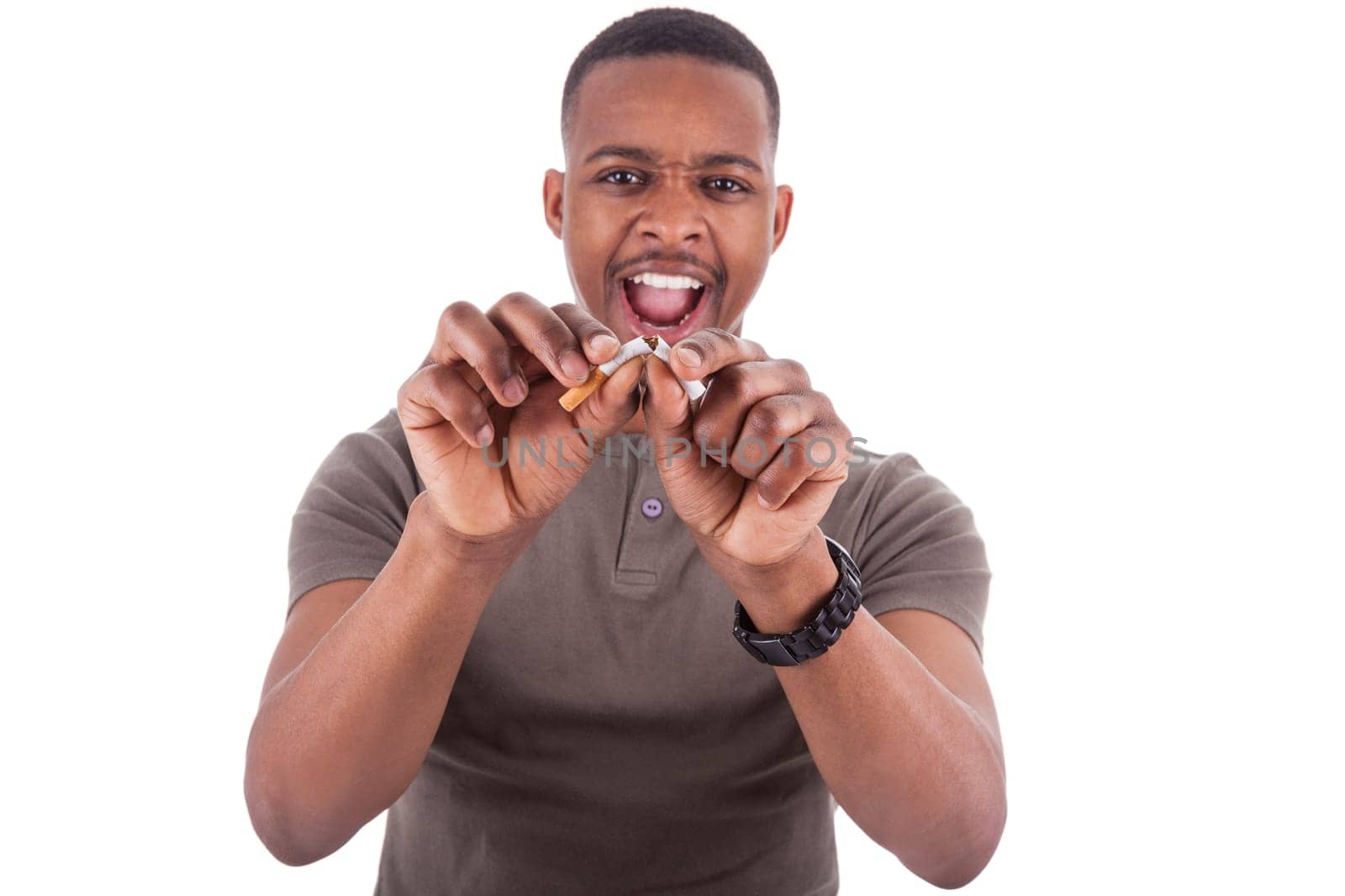 Young african american man breaking a cigarette, isolated on white background
