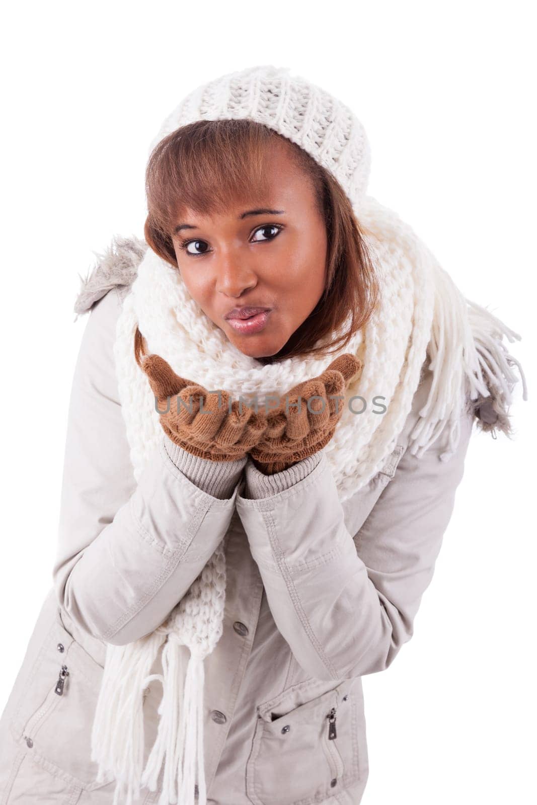 Young african american woman wearing winter clothes, isolated on white background