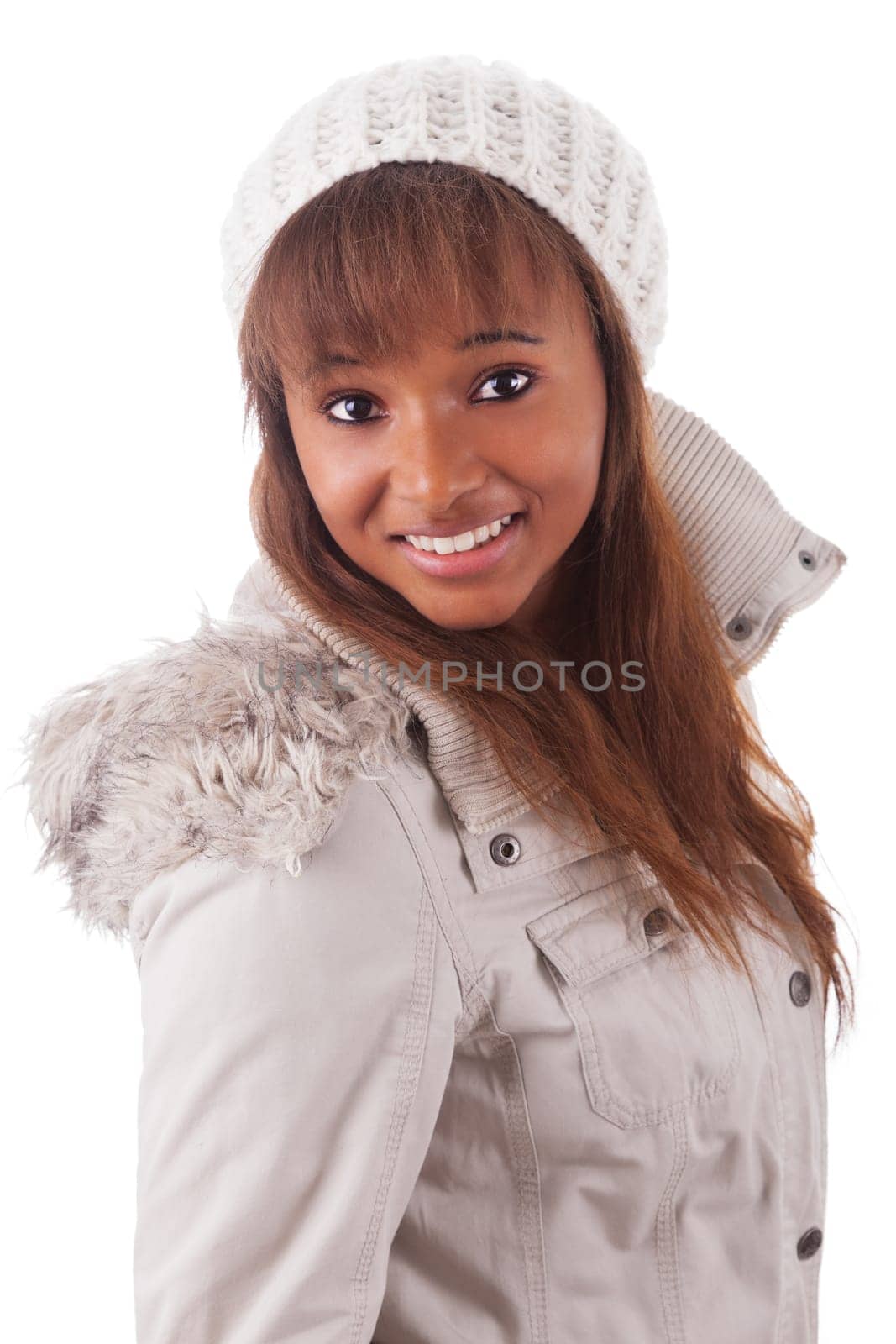 Young african american woman wearing winter clothes, isolated on white background