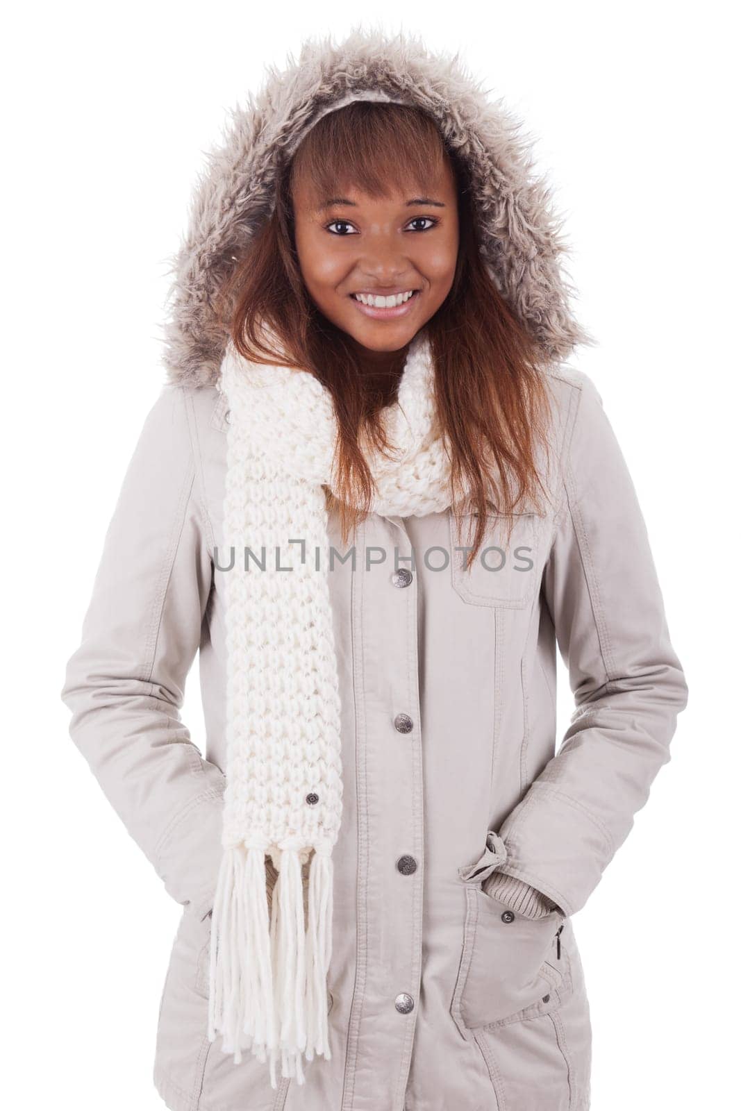 Young african american woman wearing winter clothes, isolated on white background