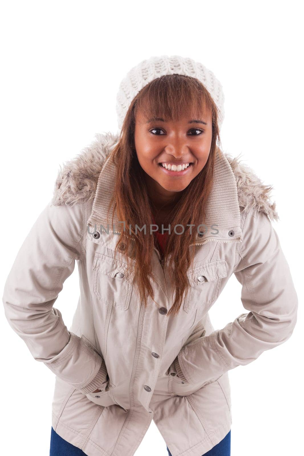 Young african american woman wearing winter clothes, isolated on white background