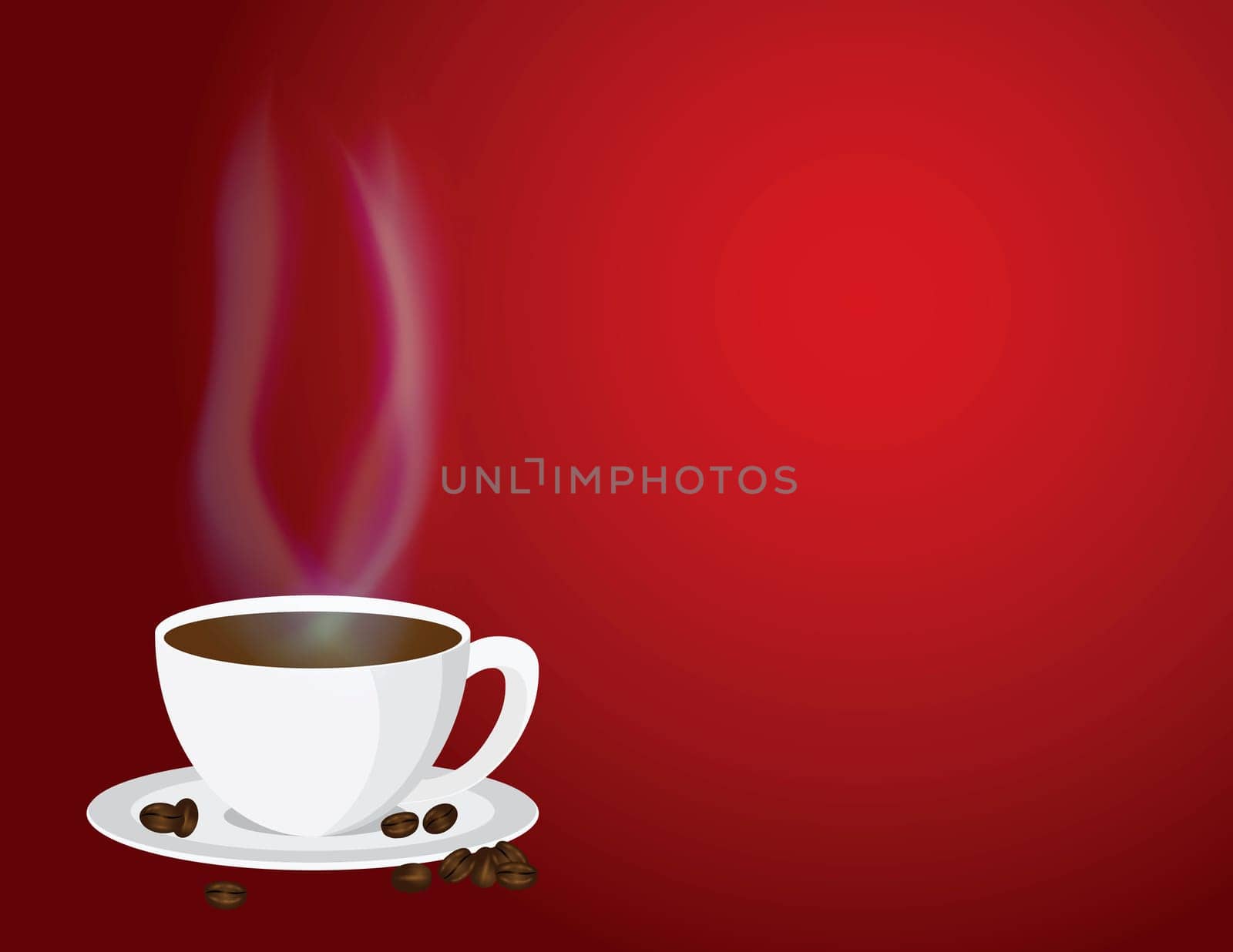 Cup of Steaming Hot Coffee with Steam and Beans on Red Background Illustration