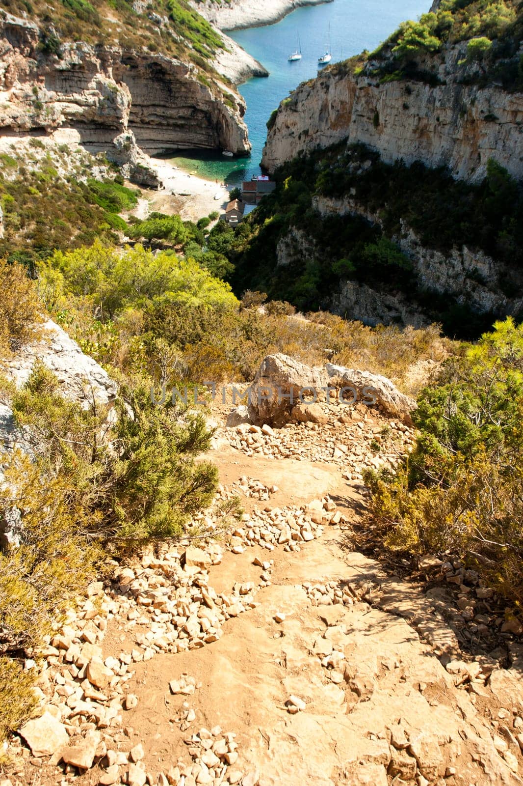 Scenic landscape about Stiniva bay in vis island