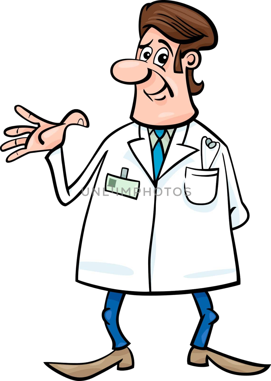 Cartoon Illustration of Male Medical Doctor in White Coat with Stethoscope