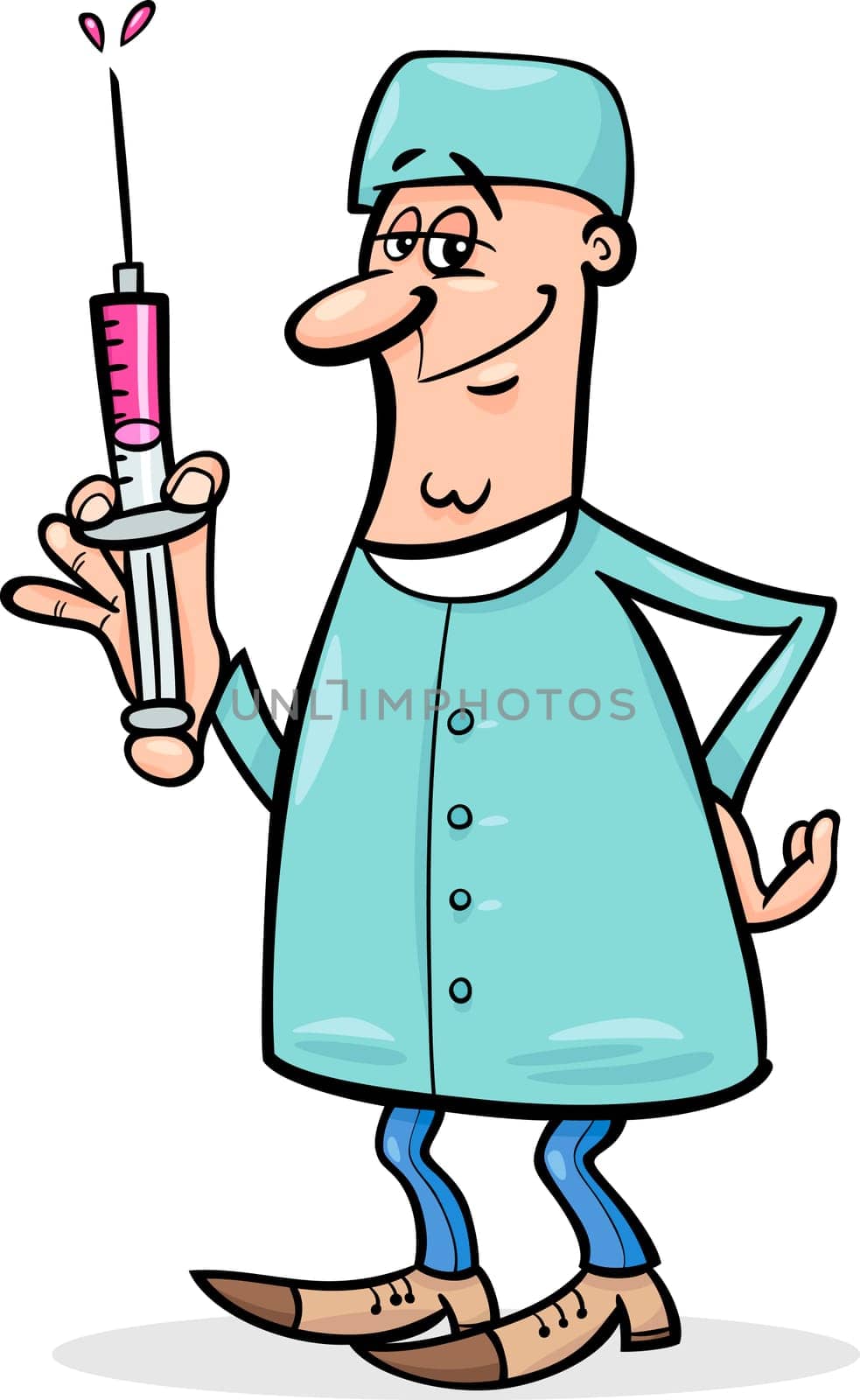 Cartoon Illustration of Male Medical Doctor or Surgeon with Syringe