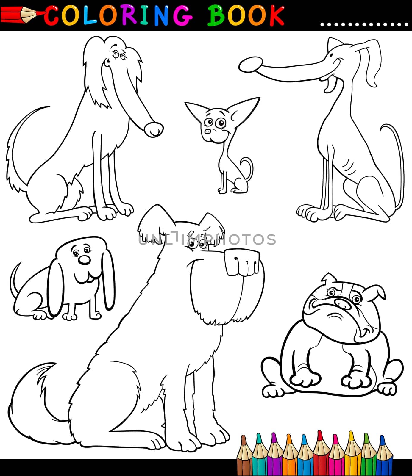 Coloring Book or Coloring Page Black and White Cartoon Illustration of Funny Purebred Dogs or Puppies