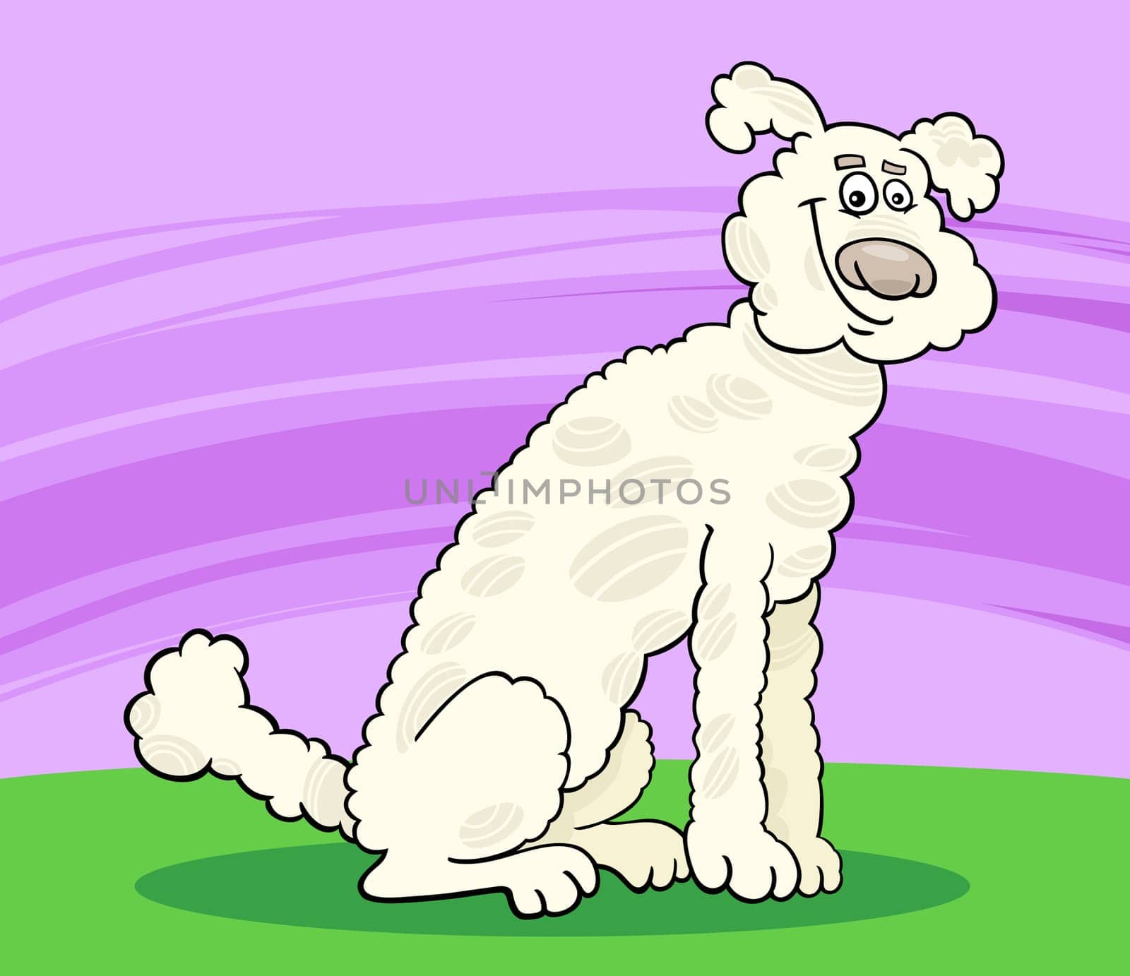 Cartoon Illustration of Cute White or Beige Poodle Dog against Landscape