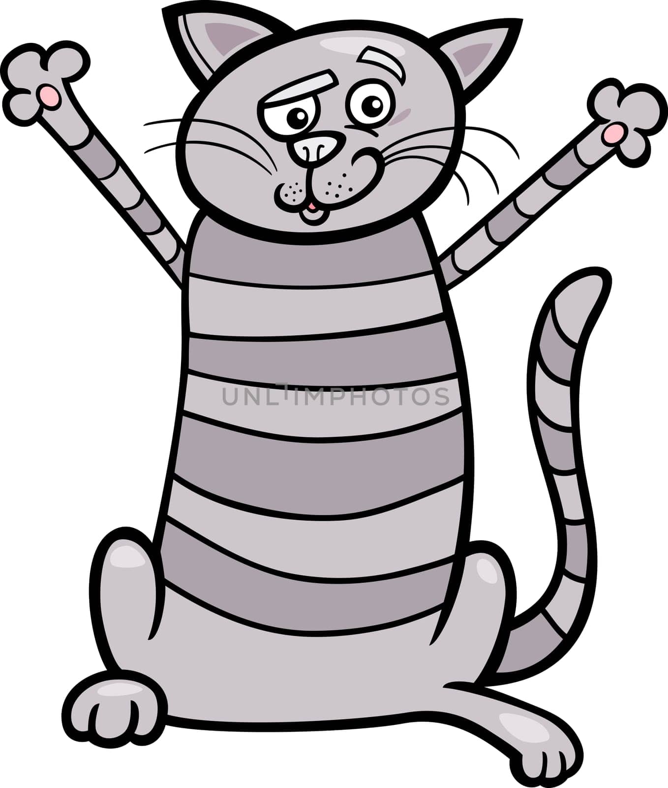 Cartoon Illustration of Happy Gray Tabby Cat