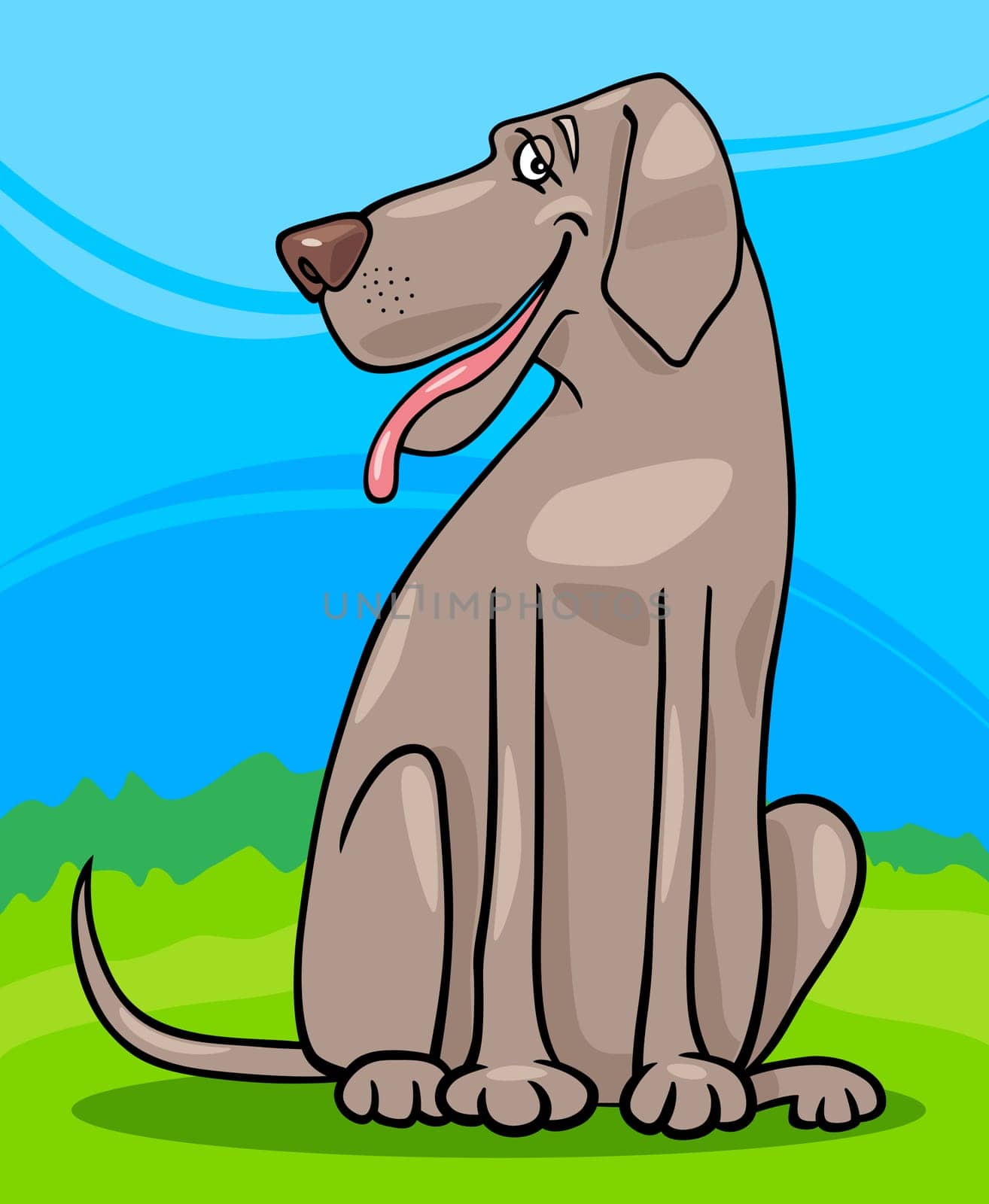 Cartoon Illustration of Funny Gray Great Dane Dog against Rural Scene with Blue Sky and Green Grass