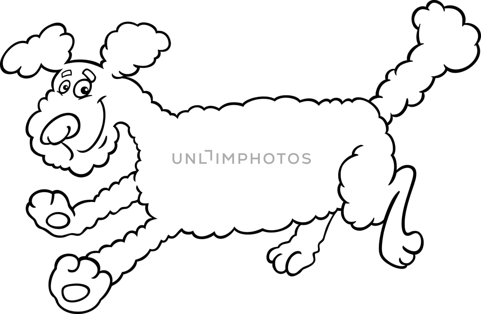 Black and White Cartoon Illustration of Cute Running Poodle Dog for Coloring Book or Coloring Page