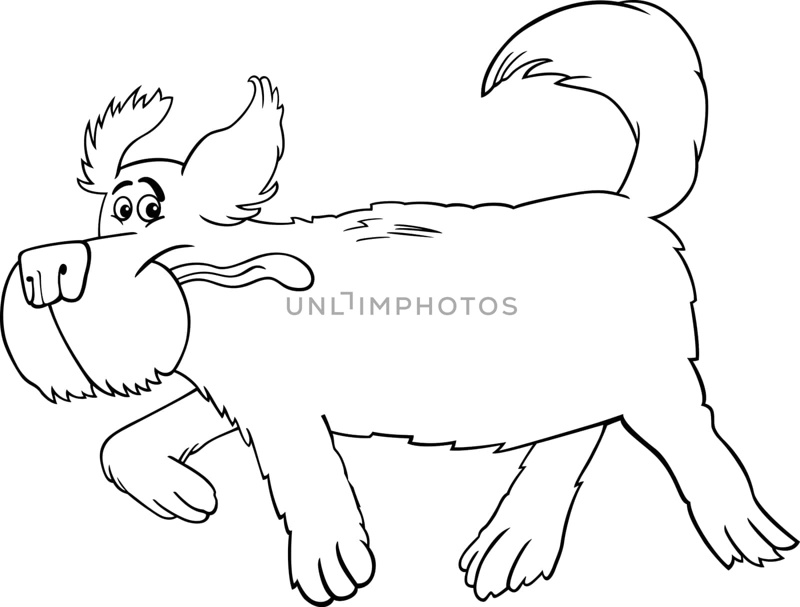 Black and White Cartoon Illustration of Funny Running Shaggy Sheepdog Dog for Coloring Book