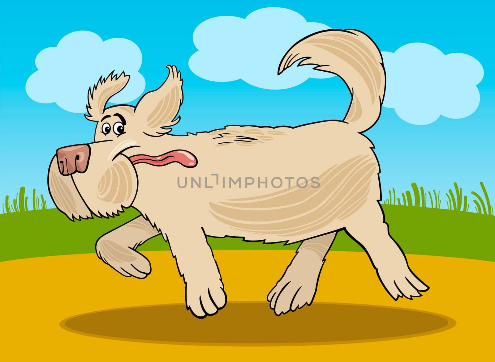 Cartoon Illustration of Funny Running Shaggy Sheepdog Dog against Rural Scene