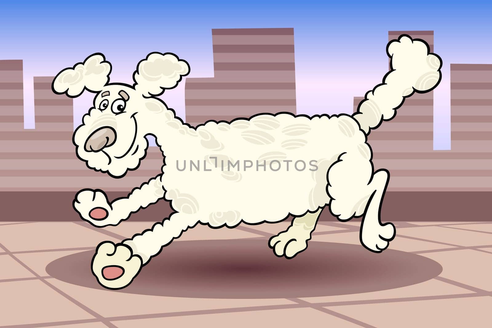 Cartoon Illustration of Cute Running Poodle Dog against Urban Scene of City with Buildings