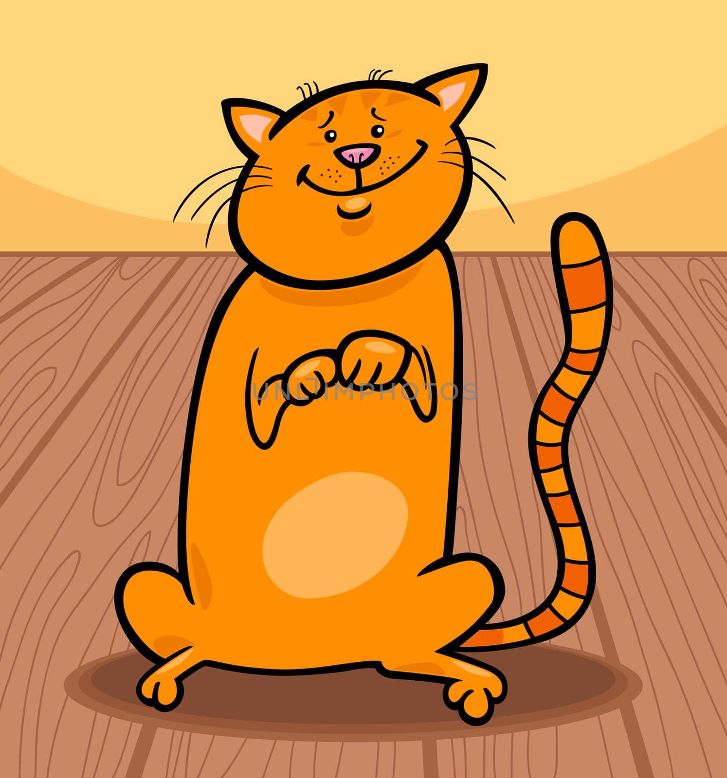 Cartoon Illustration of Cute Red Cat Sitting on the Wooden Floor