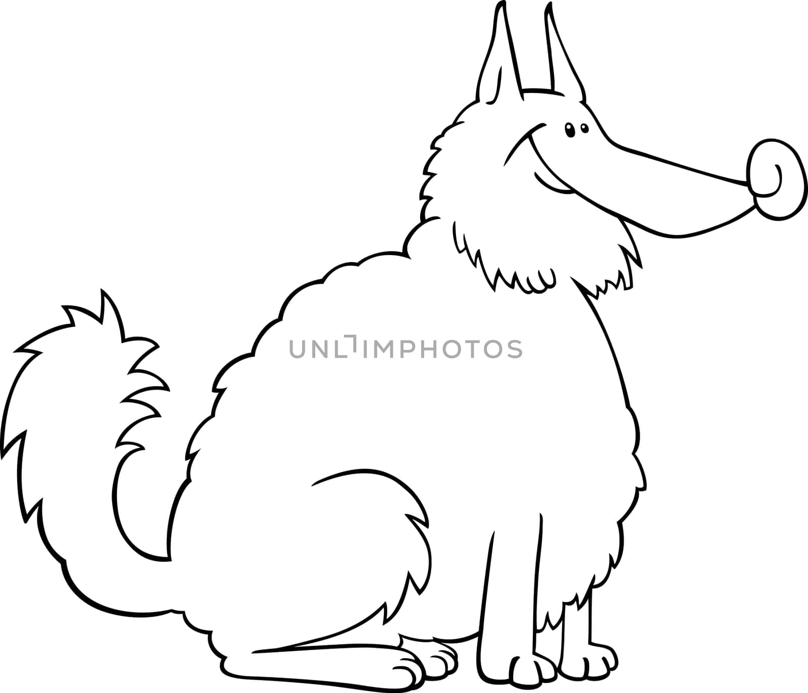 Black and White Cartoon Illustration of Shaggy Purebred Eskimo Dog or Spitz or Sheepdog for Coloring Book or Coloring Page