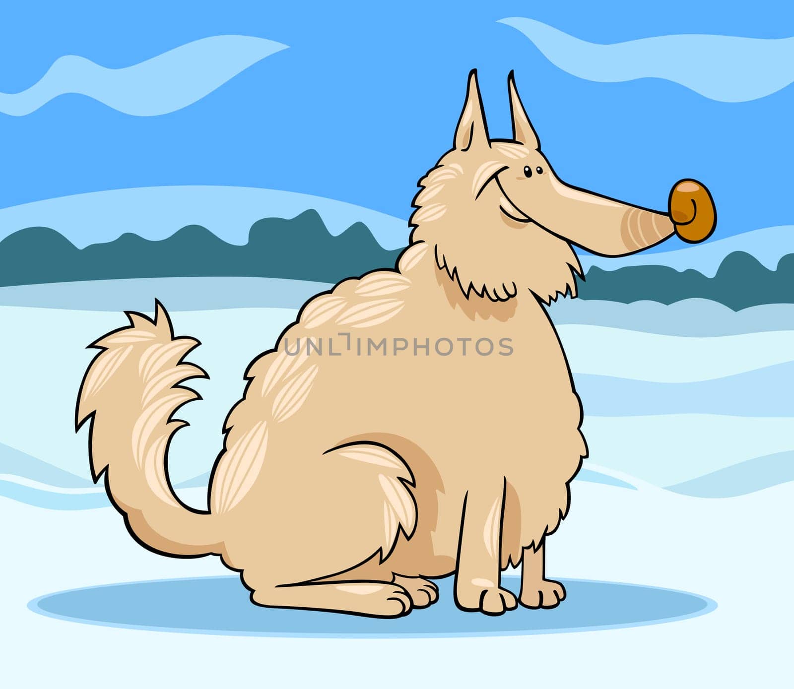 Cartoon Illustration of Shaggy Purebred Eskimo Dog or Spitz or Sheepdog against Winter Rural Scene with Snow