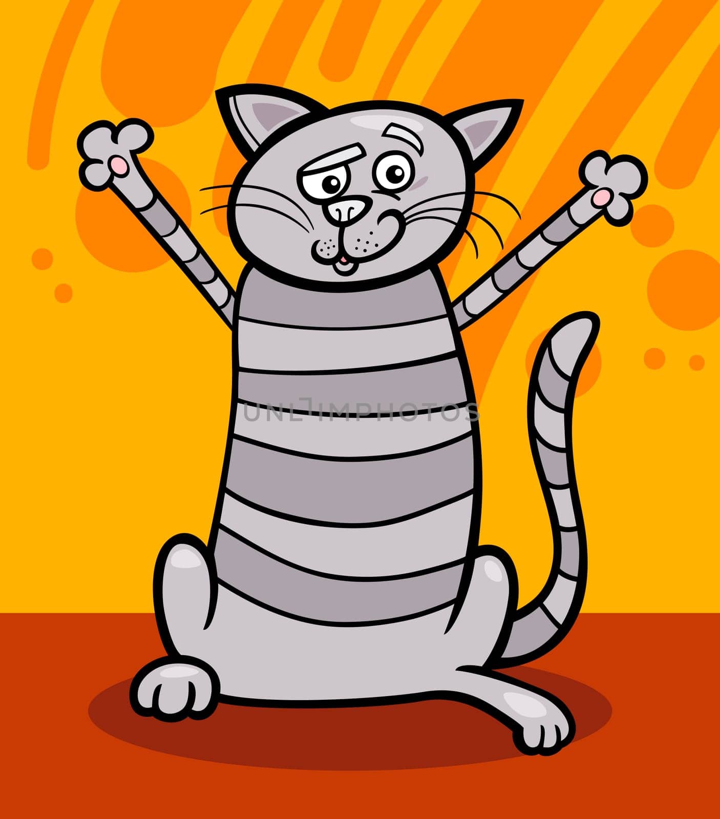 Cartoon Illustration of Happy Gray Tabby Cat