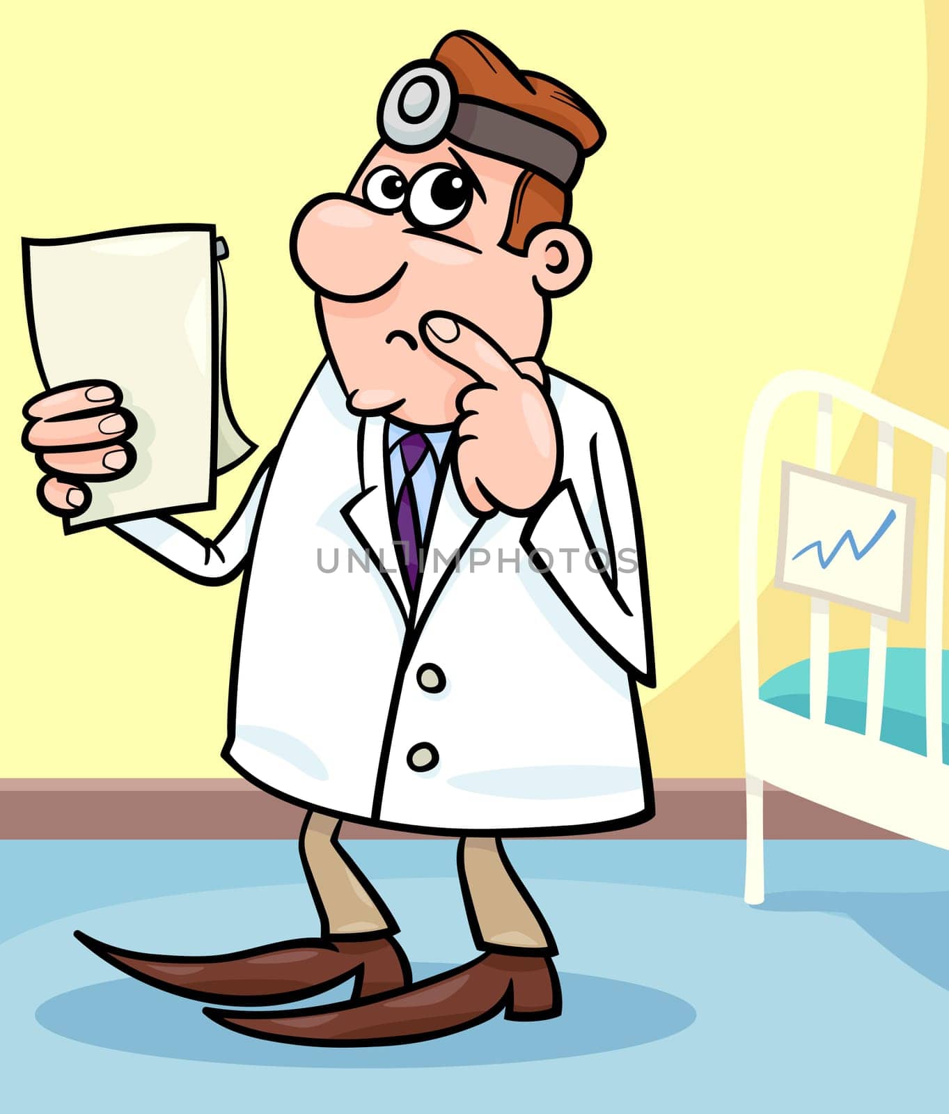 Cartoon Illustration of Male Medical Doctor in Hospital Room with Writing Board near the Patient Bed