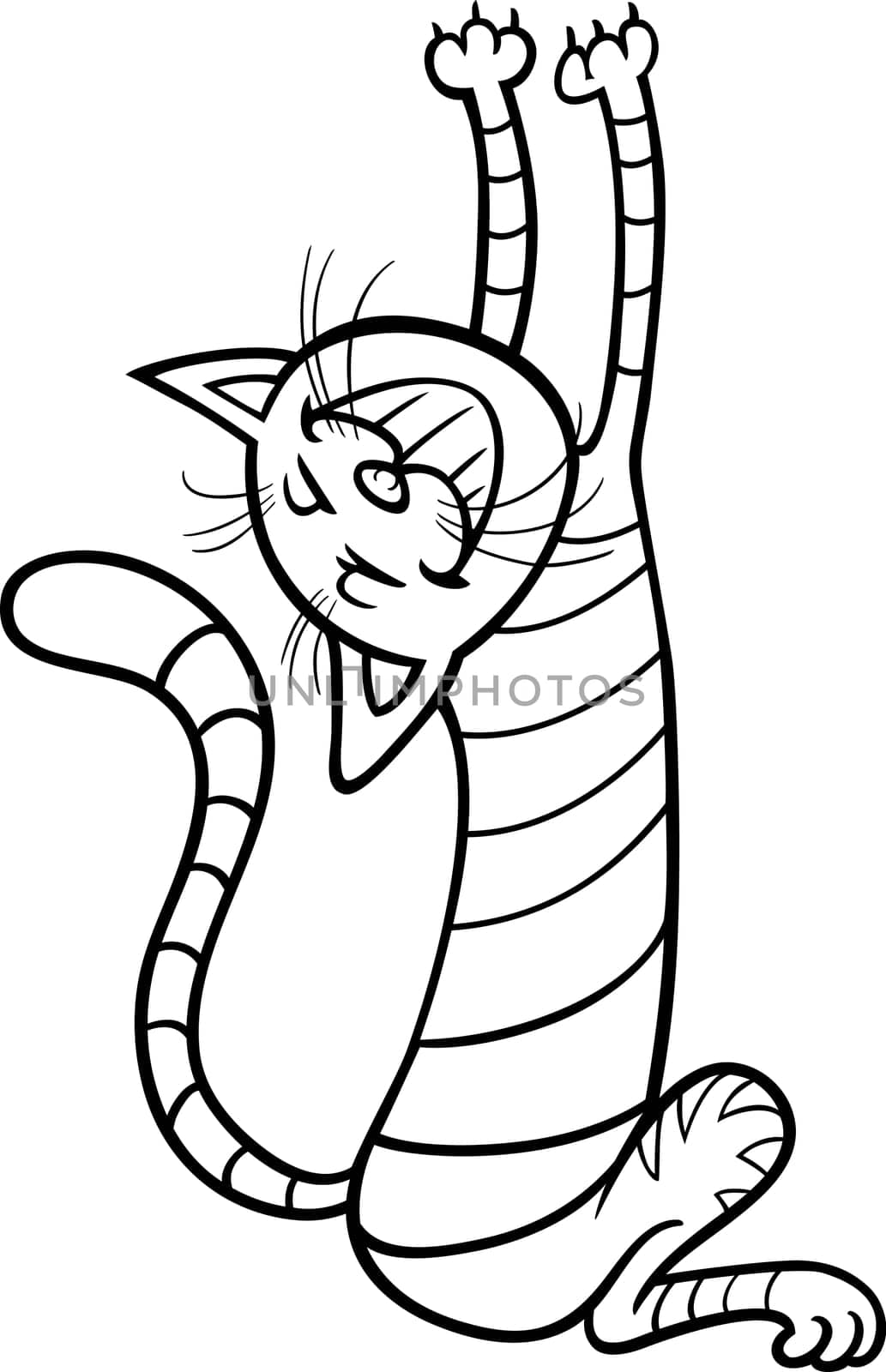 Black and White Cartoon Illustration of Funny Stretching Cat for Coloring Book or Coloring Page