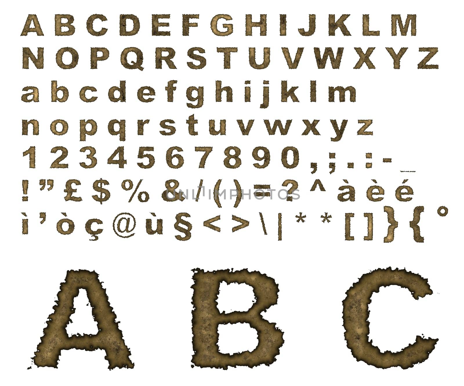 Complete alphabet where letters are made of on an old burnt parchment background