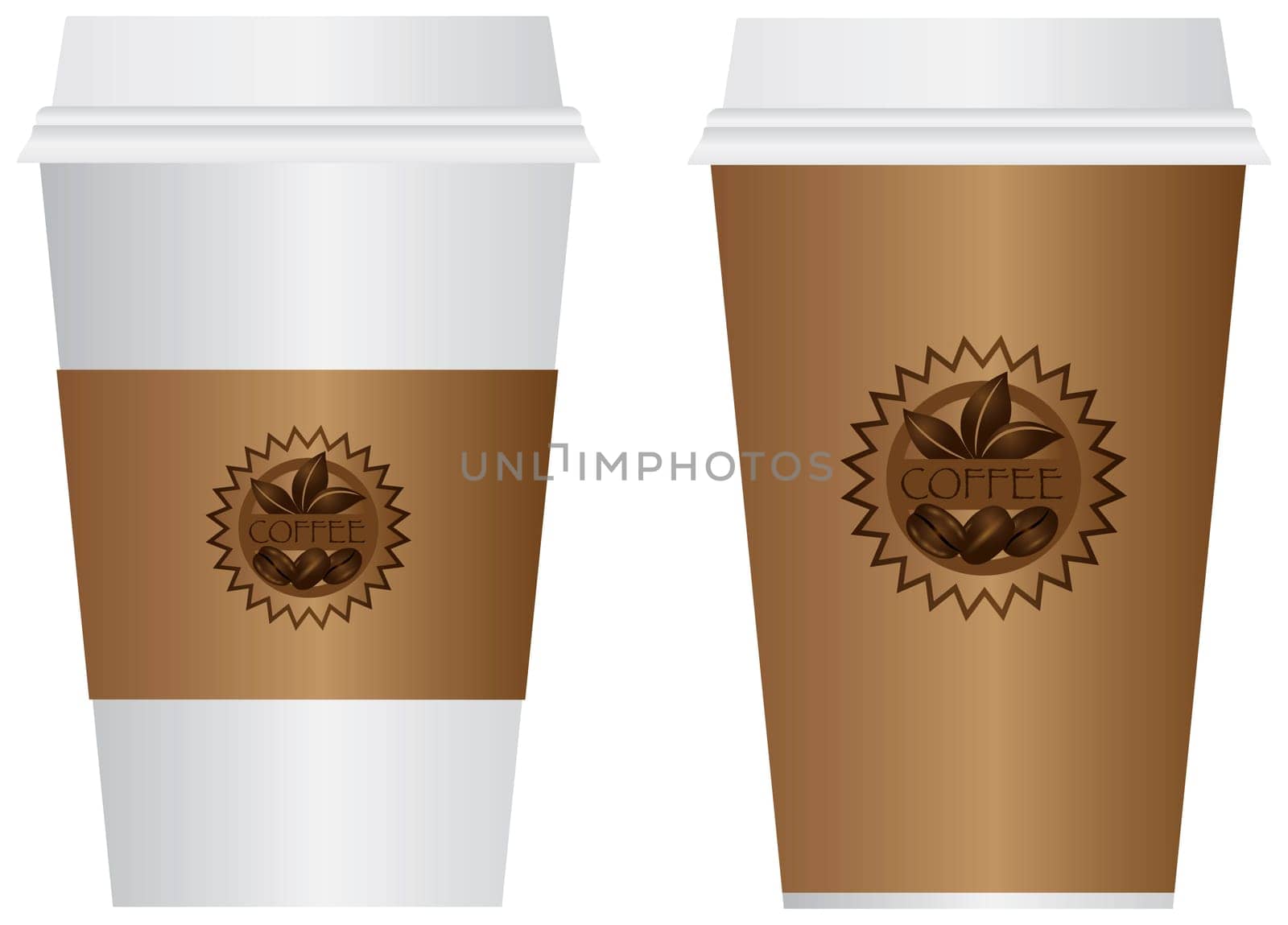 Hot Coffee Disposable To Go Cups with Sleeve Lids and Label Isolated on White Background Illustration