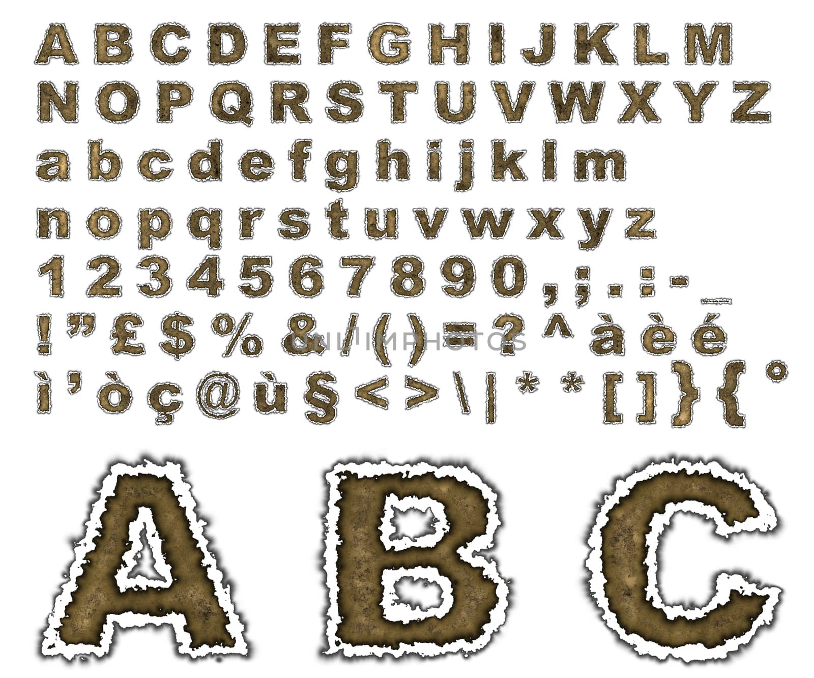 Complete alphabet where letters are made of on an old burnt parchment background