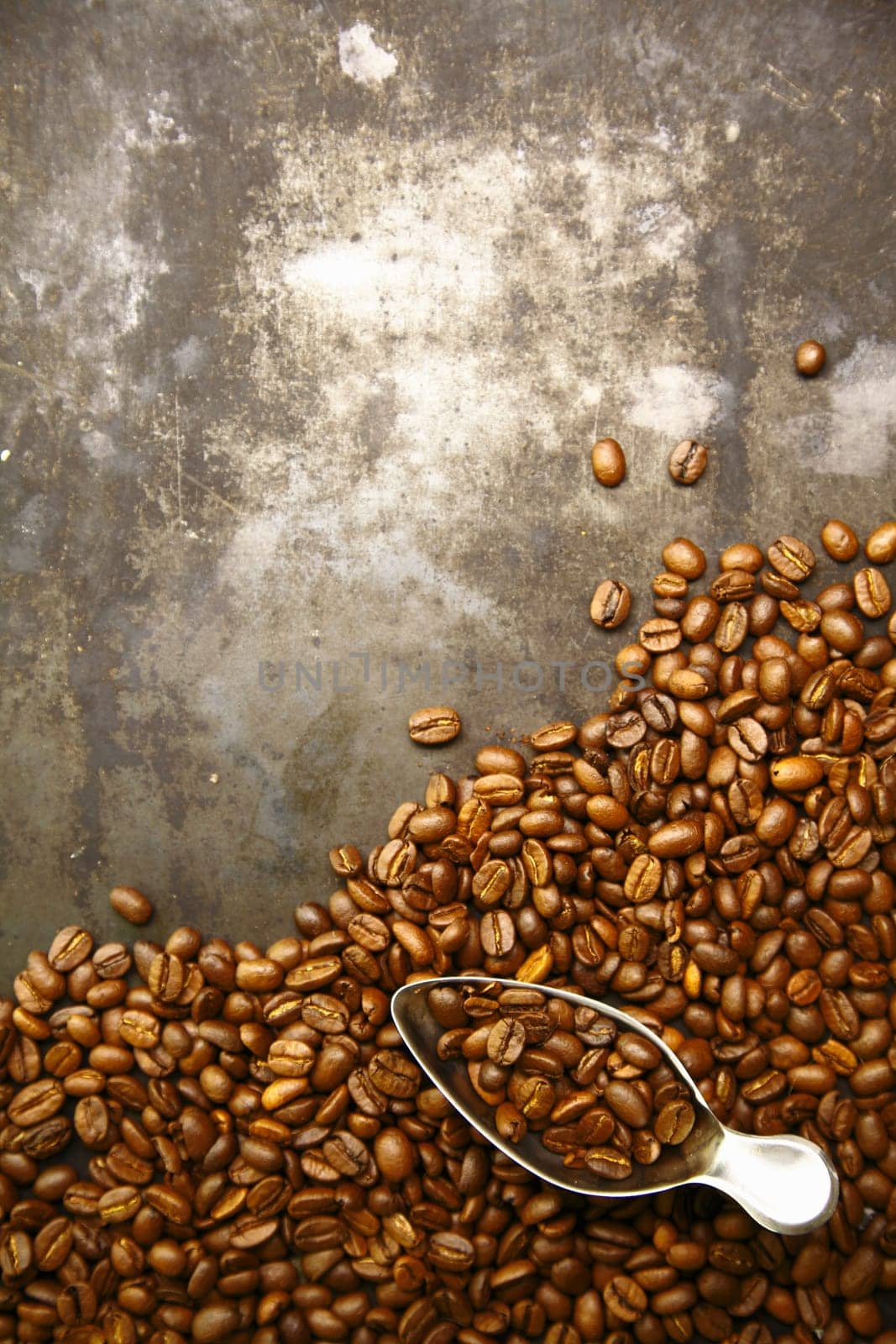 Scattered pile of aromatic fresh roasted coffee beans with a small metal scoop on a grunge background with copyspace