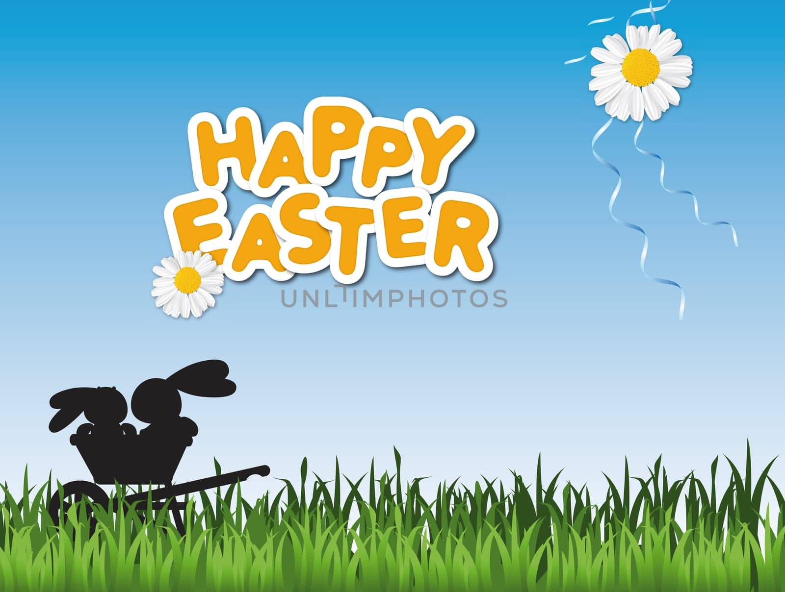 Happy Easter card with two Easter bunnies in a wheelbarrow