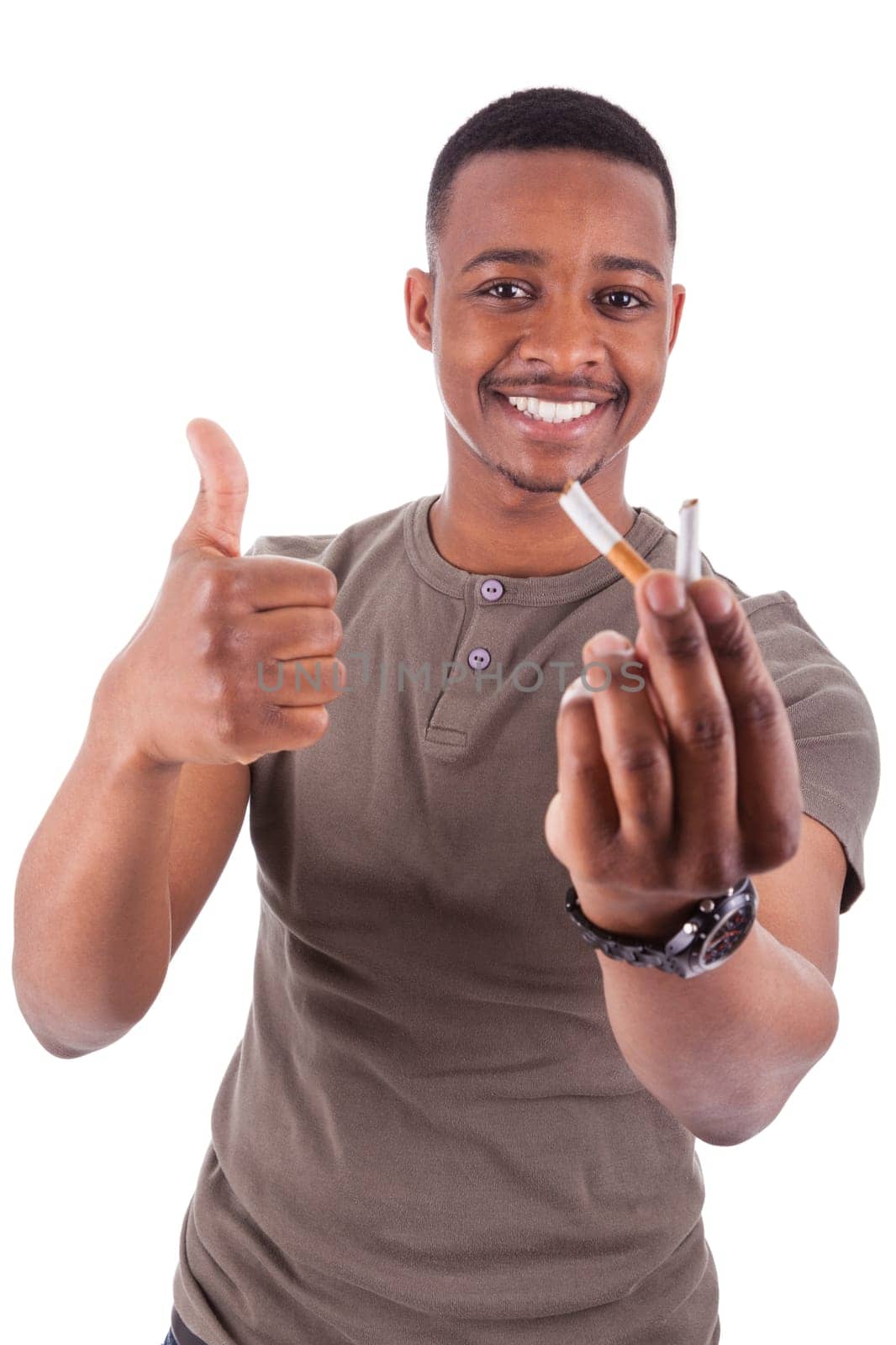 Young african american man showing  a broken  cigarette, isolated on white background