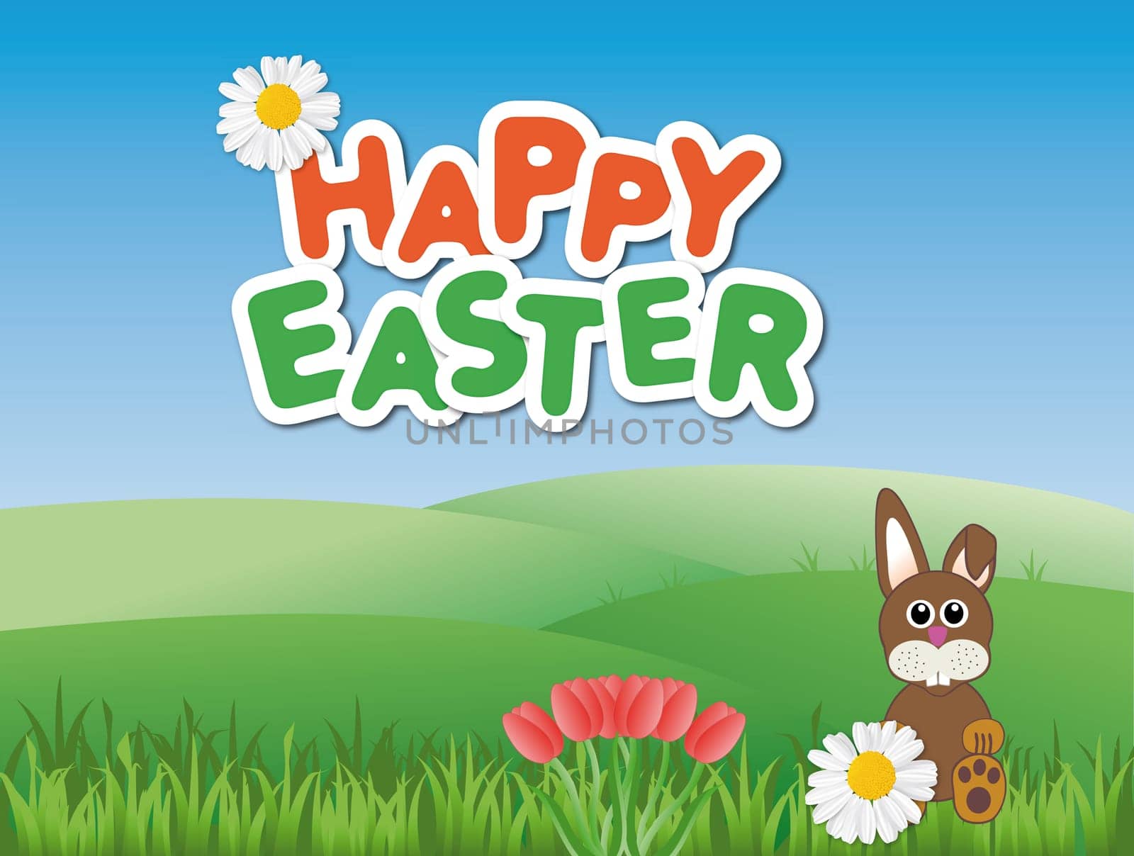 Happy Easter card with a Easter bunnie on a green meadow