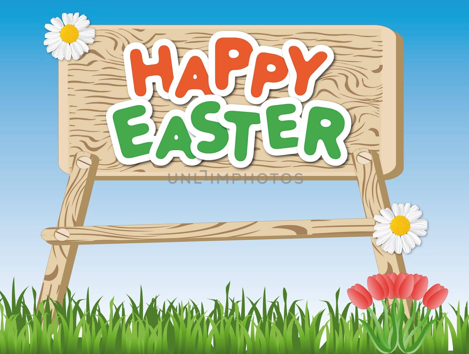 The words "Happy Easter"" on a wooden sign on the meadow"