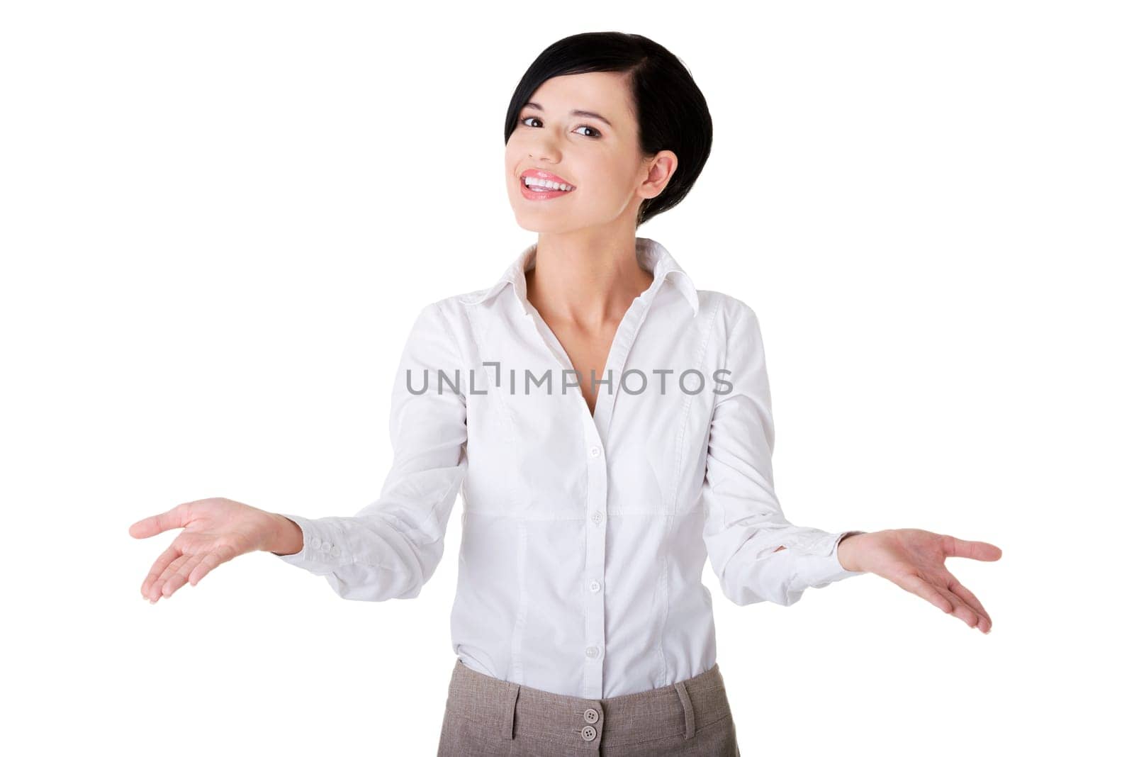 Beautiful business woman showing copy space , isolated on white