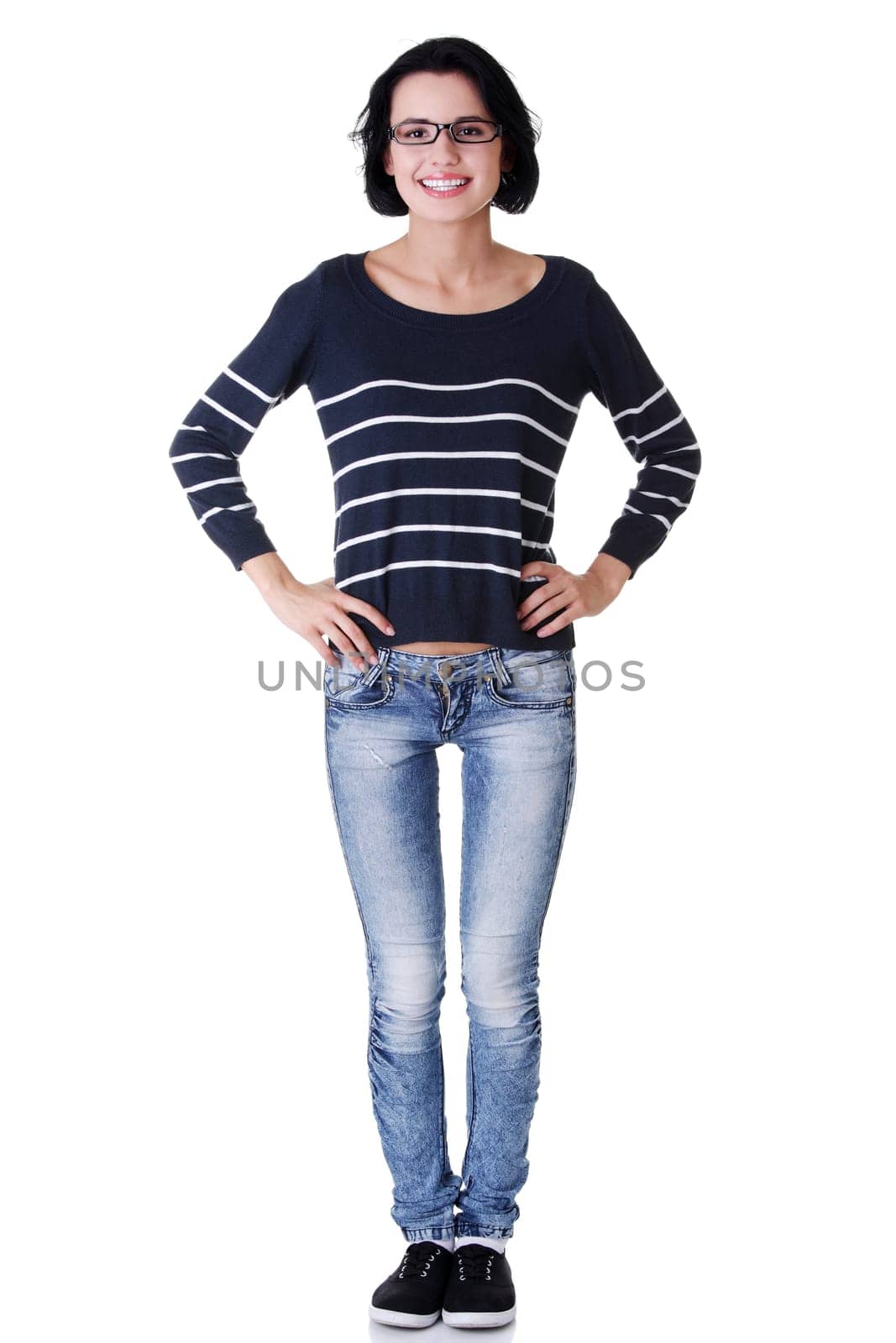 Full portrait of happy beautiful young woman ( student ) in casual clothes, isolated on white