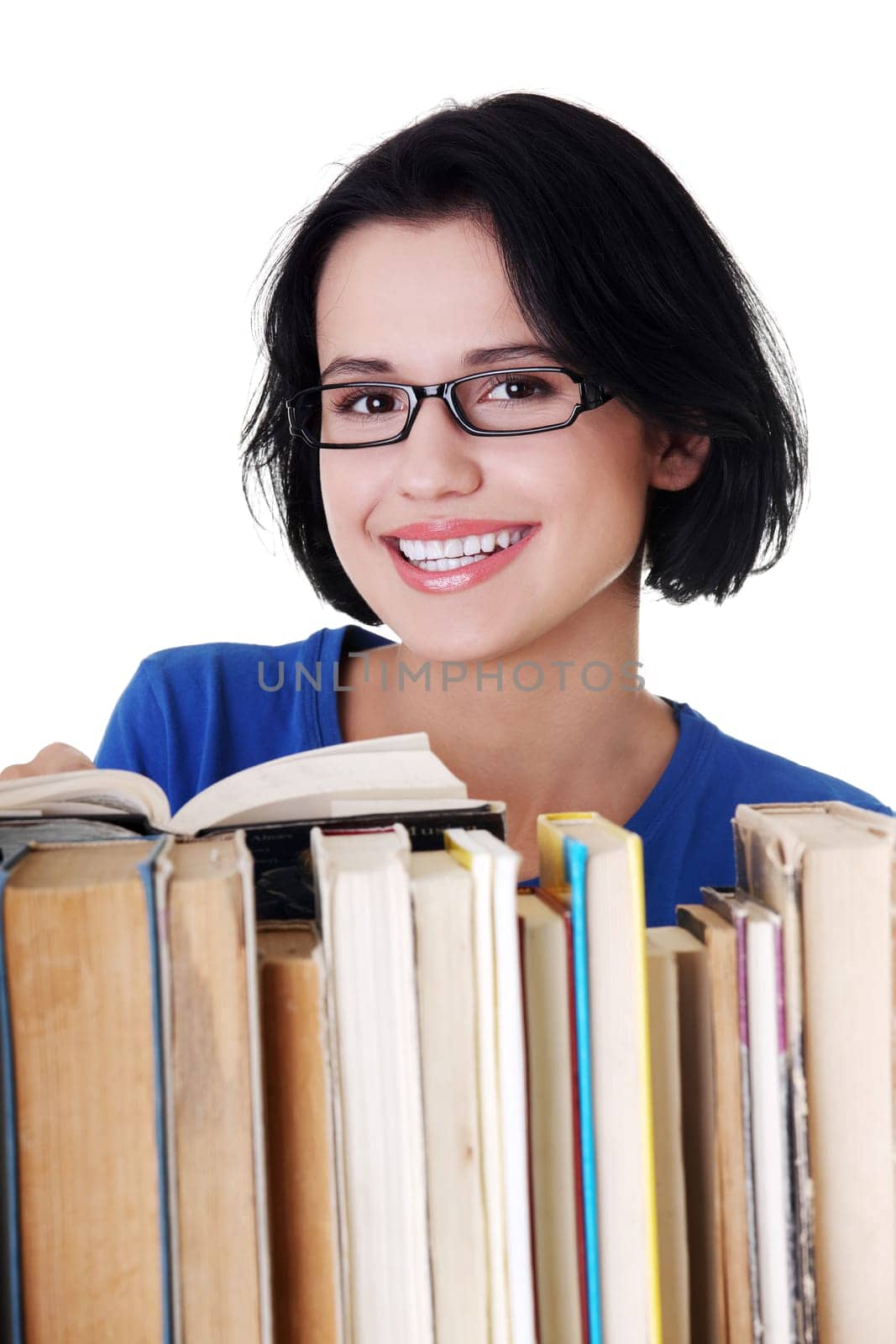 Happy smiling young student woman with books, isolated on white background