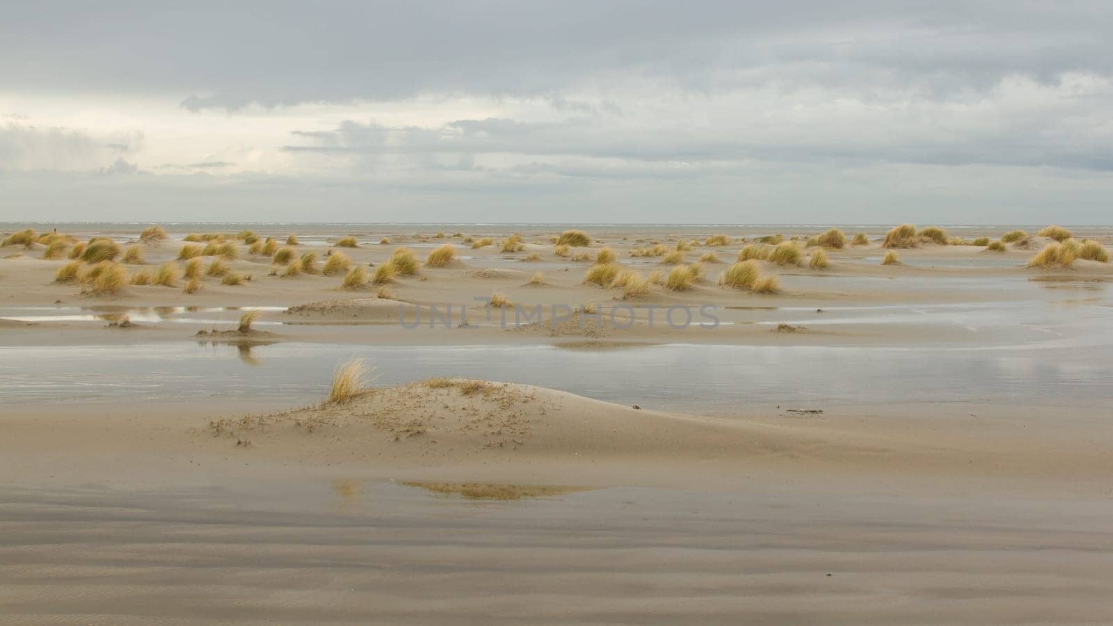 Low tide at the dunes of Ameland, dark sky, Holland