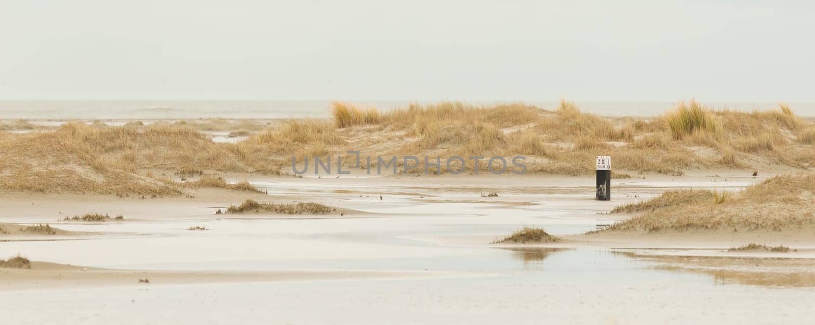 Low tide at the dunes of Ameland, dark sky, Holland