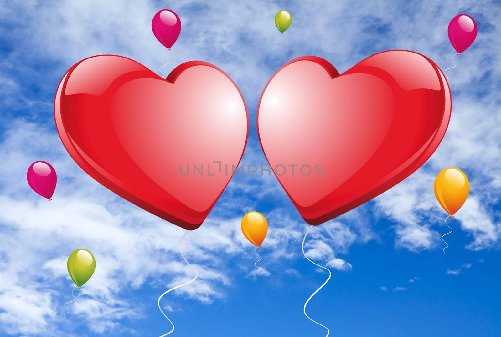 Two big red hearts with many colorful balloons against blue sky