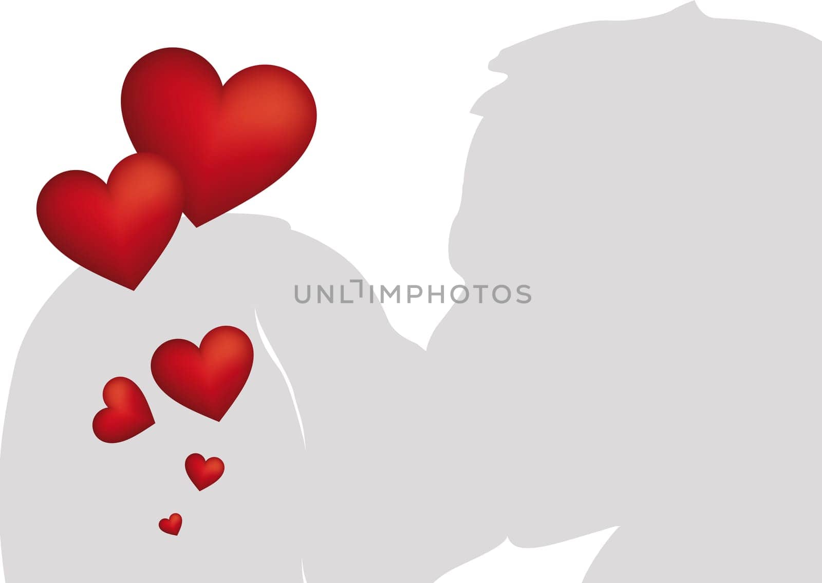 Kissing loving couple silhouette with many red hearts