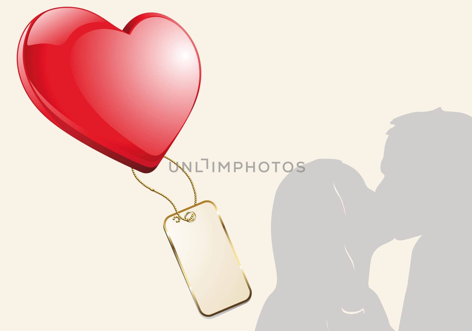 Kissing loving couple silhouette with red heart and pendant