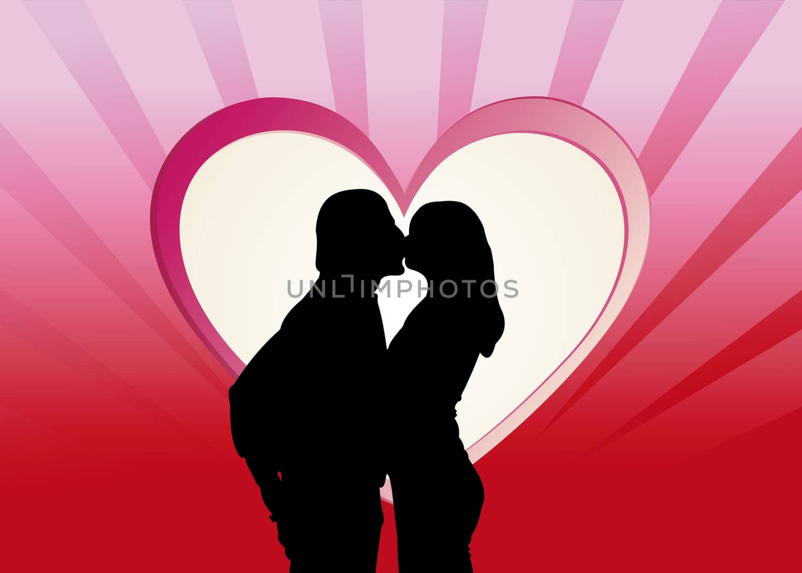 Kissing loving couple silhouette against a red background in the shape of a heart