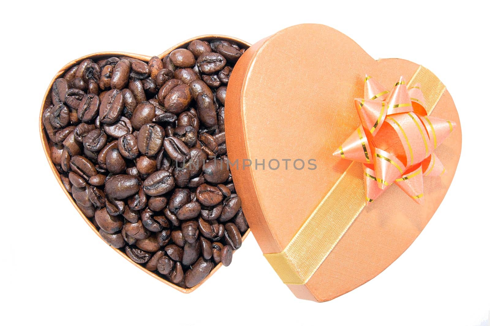 Roasted Coffee Beans in Heart Shaped Gift Box Isolated on White Background