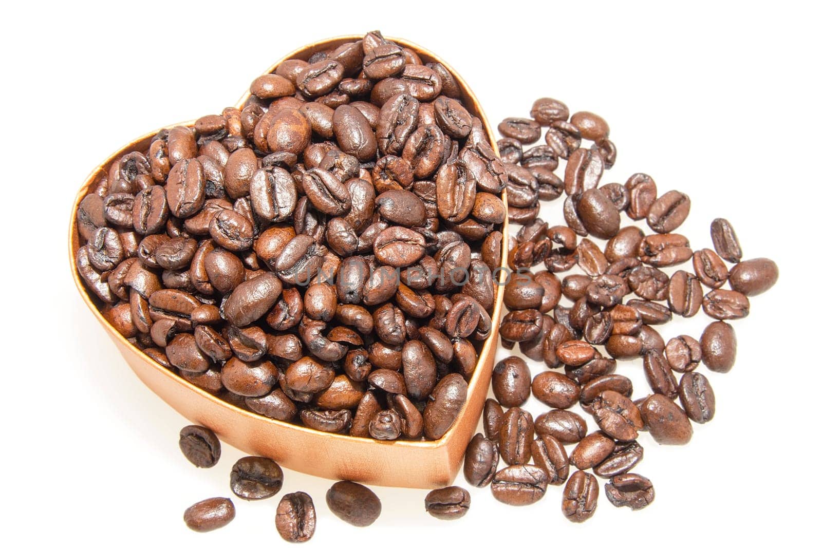 Heart Shaped Gift box Overflowing with Roasted Coffee Beans Isolated on White Background